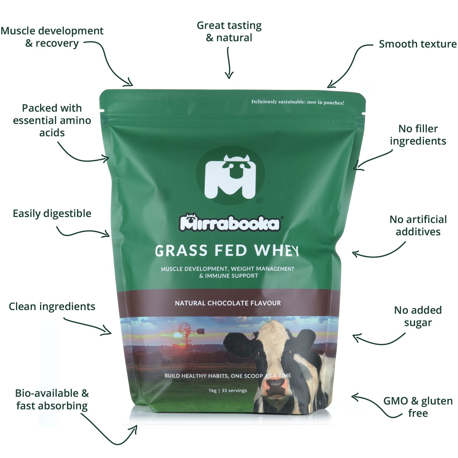Grass Fed Whey Protein Chocolate 1kg (33 servings)