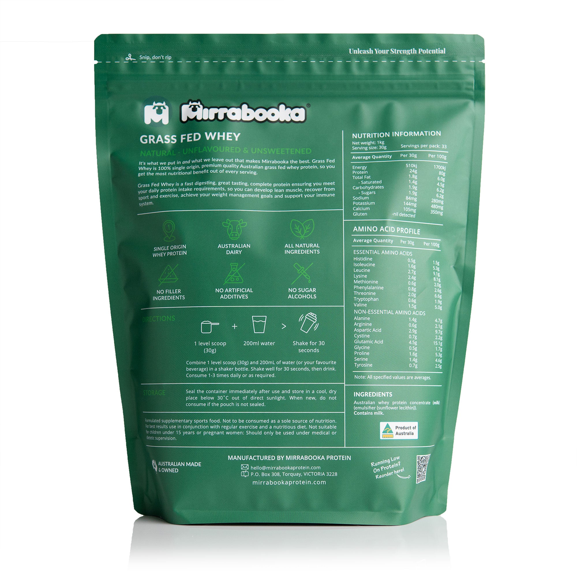 Grass Fed Whey Protein Unflavoured Natural 1kg (33 servings)
